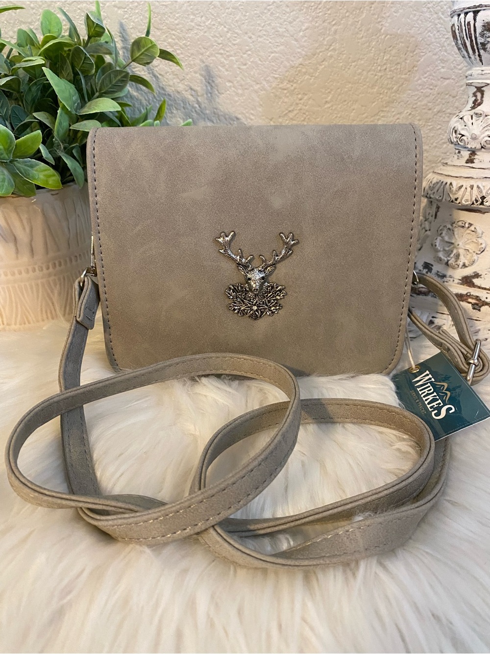 Neutral Taupe Crossbody Bag or clutch w/ Deer Emblem- beautiful winter bag! NWT